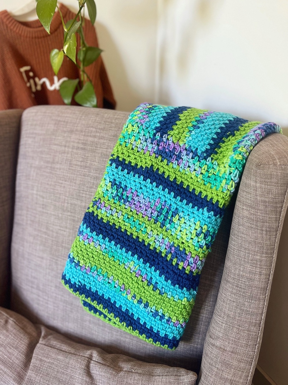 Handmade Blue and Green Striped Crochet Throw / Baby Blanket - 24”x27”